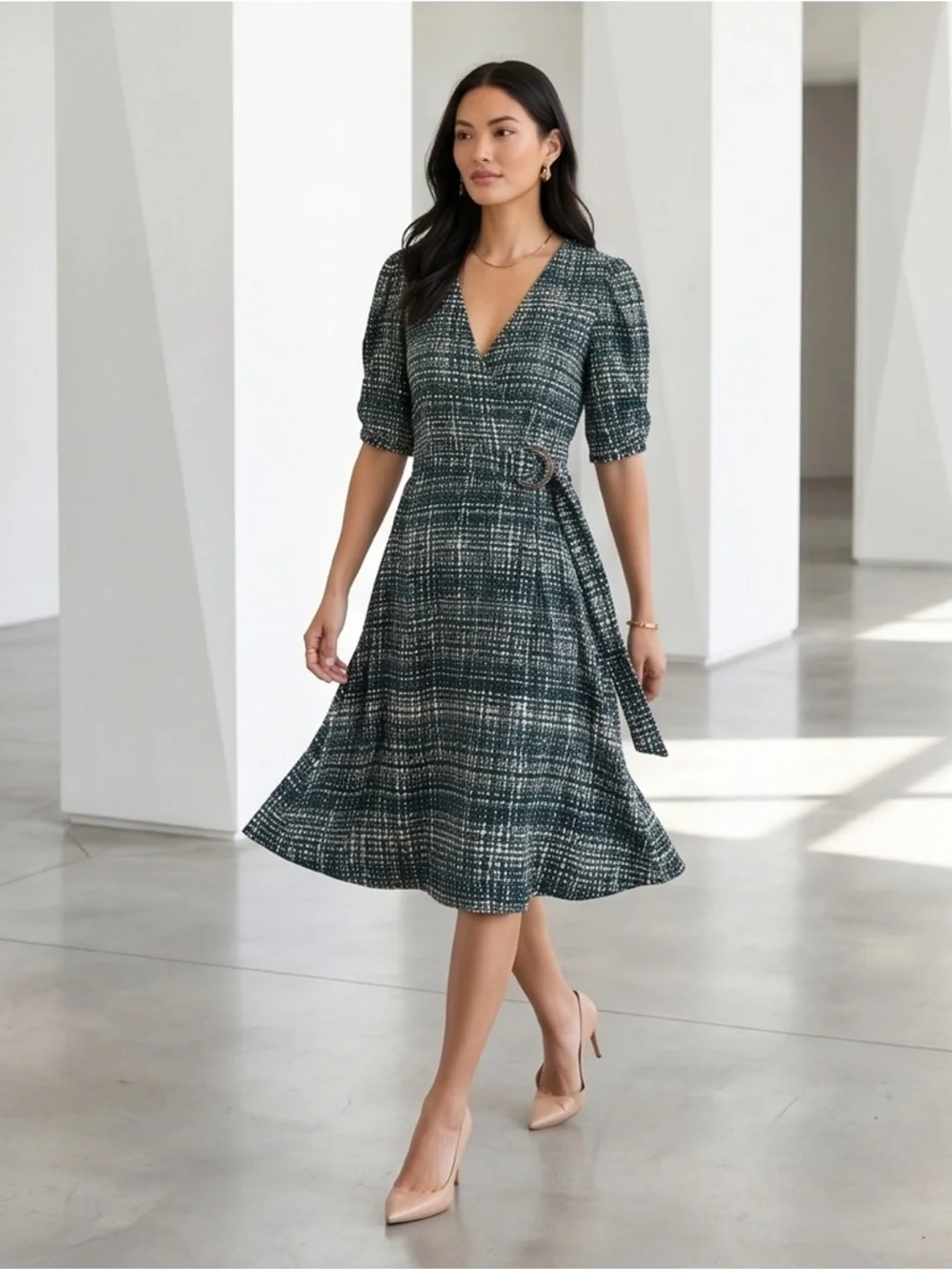 Enfocus Studio Teal & Black Printed Belted Midi Dress | Puff Sleeve | Size 8 - Picture 1 of 5